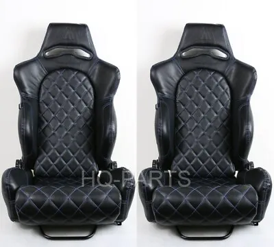 2 Tanaka Black Pvc Leather Racing Seat Reclinable Blue Diamond Stitch Fits Mazda • $306.89