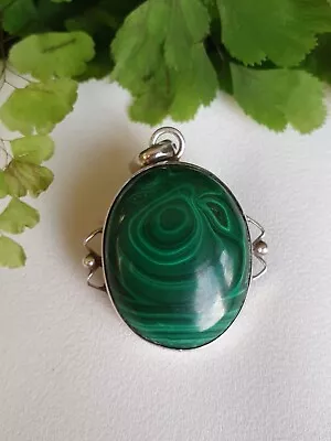 Large Vintage Sterling Silver Green Malachite Pendant • £32