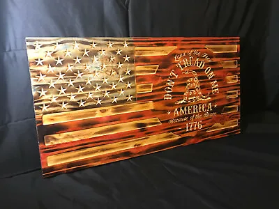 US Rustic Wood Burned Flag Gadsden Dont Tread On Me American Flag Painted Carved • $70