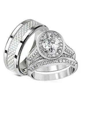 His Hers Halo Cz Matching Wedding Ring Set Stainless Steel • $39.99