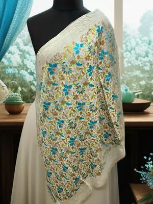 Luxurious Kashmiri Embroidery Shawl Scarf Wrap  Hijab Fine Wool Ivory/ White • £20