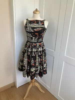 Black & Orange Retro  Print 50s Style Dress Lindy Hop Audrey Fit & Flare UK 10 • £11.99