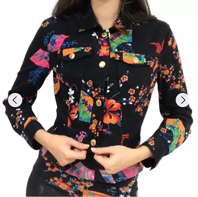 Versace For H&M Cropped Denim Jacket  Black Floral Print  Size US 4 / EUR 34 • $99.94