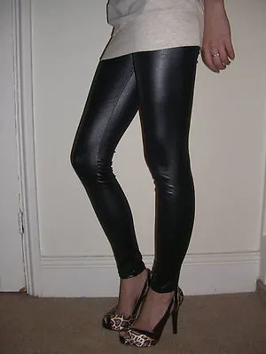 EXTRA LONG Leggings Shiny WET LOOK Black Size 6 8 10 12 14 16 18 20 22 24 26 S M • £8.99
