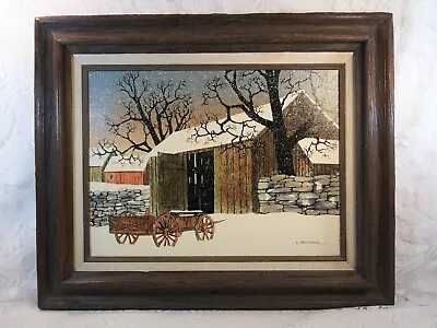 VTG H.Hargrove Snowy Barn Wagon Serigraph Painting 12 X 16  Signed Walnut Frame  • $59