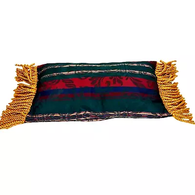 Vintage Rectangle Tapestry Pillow Heavy Gold Fringed Edge Scrolls And Stripes • $20.99