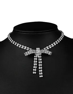 Bow Rhinstone Choker Diamante Colllar Party Necklace Multi Chains Necklace • £6.50