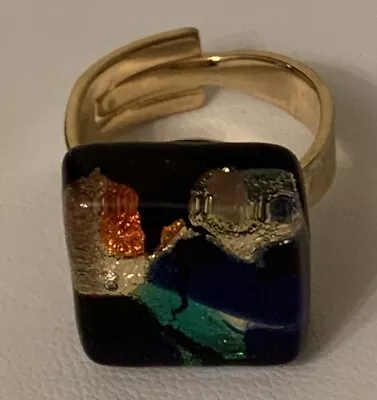 Murano Glass Square Multicolor Gold Blue Cocktail Ring Adjustable Plated • $12