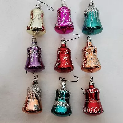 Vintage Glass Small Bell Christmas Tree Ornaments Glitter Designs Lot Of 9 RETRO • $19.95