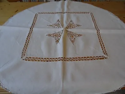 Antique Vintage Cream Linen Lace Edged Small Round Tablecloth Table Centre 83cm • £7.99
