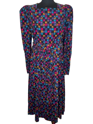 £30 • Buy Vintage Laura Ashley Long Sleeve Corduroy Maxi Dress Square Print Cottagecore 14