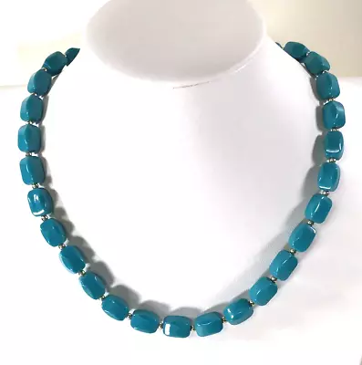 Vintage 80's Gold Tone Spacers Blue Turquoise Beaded Necklace 18  Pop Of Color • $3