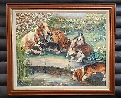 Basset Hounds With Puppies Dogs Charming Vintage Oil Painting Framed  • £280
