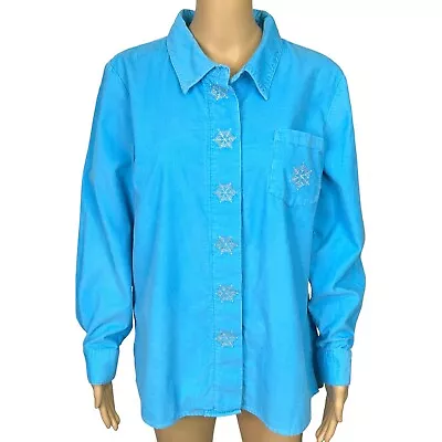 Quacker Factory Womens L Blue Embroidered Snowflake Beads Button Up Blouse Shirt • $19.76