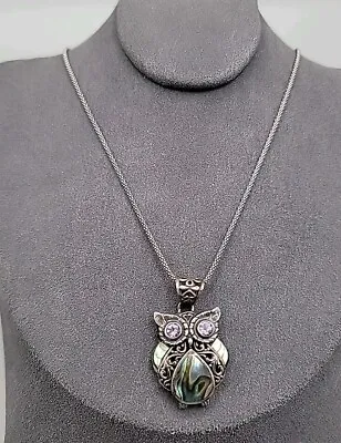 Sterling Silver 925 ATI Abalone Amethyst OWL Pendant Necklace 16  Rope CHAIN • $125