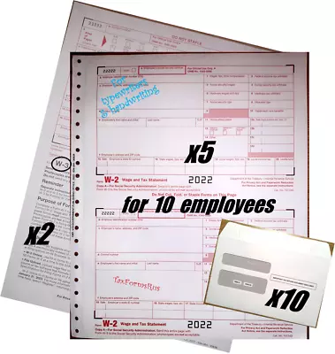 2022 IRS TAX FORMS KIT:: W-2 Wage Stmts CARBONLESS 10 Employees+Envelopes+(2)W-3 • $14.75
