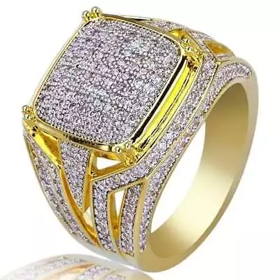 Large 4Ct Round Genuine Moissanite Mens Statement Ring 14k Yellow Gold Silver 11 • $299