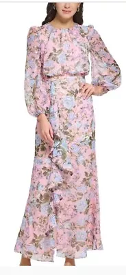 Eliza J Size 4 Pink Floral Waisted Long Sleeve Party Dress Slit Ruffle Maxi $188 • $144