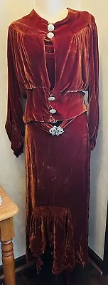 Vtg 30s Cowl Neck Velvet Art Deco Dress Matching Jacket Hat Rhinestone Jewelry • $50