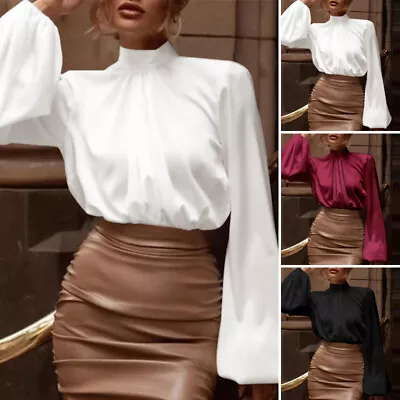 £9.56 • Buy Women Satin Silky Blouse High Neck Puff Sleeve Plain UK Workwear Tops Shirt