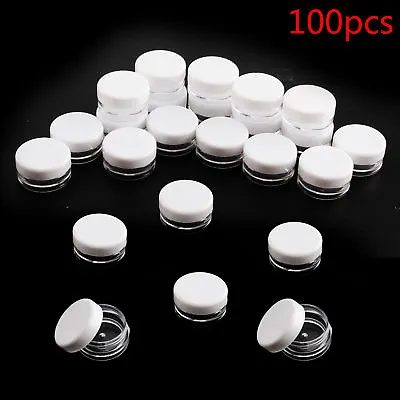 3ML Clear 100pcs Plastic Empty Cosmetic Round Travel Sample Jar Pots White Lids • £10.59