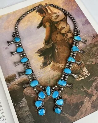 Vintage Native American Sterling Silver & Turquoise Squash Blossom Necklace 🩵 • $977.50