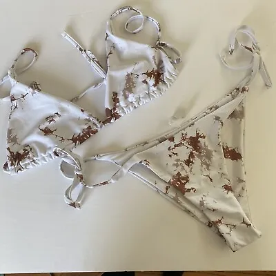 Zaful Tie String Bikini Swimsuit White Sepia Tie Dye Women Sz 8 Large • $9.60