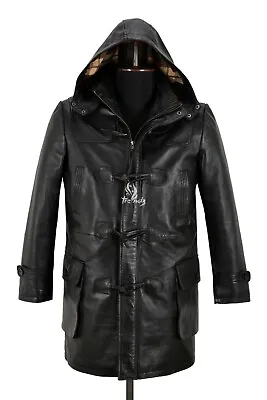 Men’s Duffel Coat Black Real Leather Hooded Knee Length Horn Toggle Jacket • $271.29