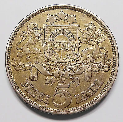Latvia 1929 SILVER 5 Lati VF+ Beautiful First Republic TONED Lion & Gryffon Coin • $39.99