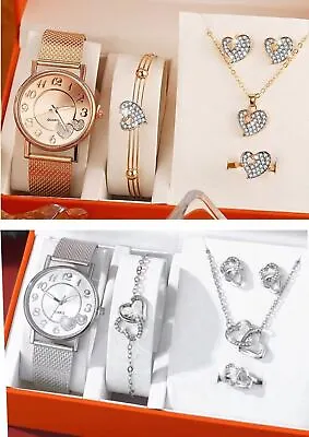 Watch Bracelet Necklace Earrings Gift Box Set Women Girls Christmas 5 Pcs Set • £19.45