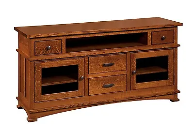 IN STOCK - Amish Mission Arts Crafts TV Stand Solid Wood Glass Doors Drawers • $2399