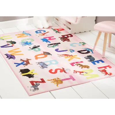 Light Pink Educational Area Rug Kids ABCs Alphabet Animals Playmat Children Rug • $44.89