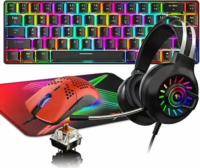 Mini 60% Mechanical Gaming Keyboard Mouse And Headset Combo Wired RGB For PC PS4 • $71.90