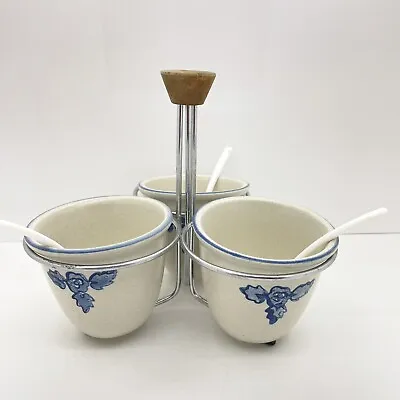 Vintage Condiment Seeds Caddy Set Chrome & Wood With 3 Stoneware Cups & Spoons • $9.99