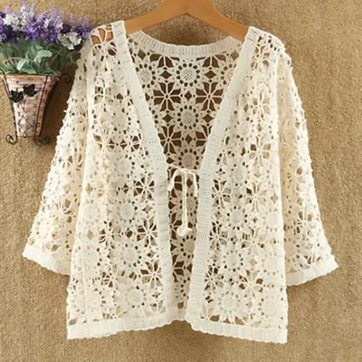 Ladies Floral Crochet Lace Cardigan Top Hollowed Out Jacket 3/4 Sleeve Party New • £18.80
