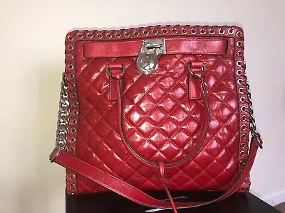 Michael Kors Hamilton Hippie Grommet North South Quilted Tote Red & Silver Large • $190