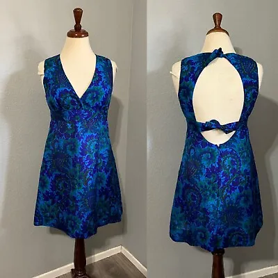 Vintage Blue Sleeveless V-Neck Cut Out Mini A-Line Zippered Floral Dress Sz M • $34.99