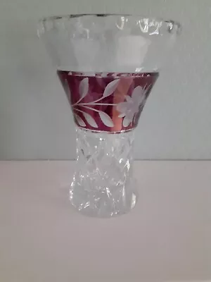 Glass Vase With Pale Burgandy Feature And Etched Floral Pattern 15.5cm Tall • £9.90