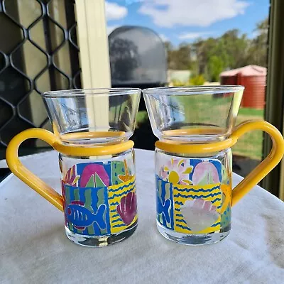 🌸Vintage Ocean Glass Mugs X 2 Ken Done STYLE Ocean Theme Retro Herbal Tea Cups • $29.99