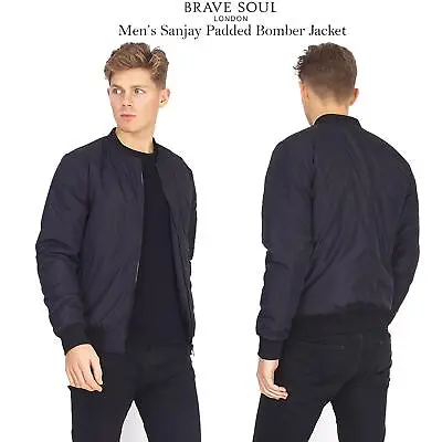 Brave Soul Mens Black Padded Bomber Jacket Baseball Collar Zip Up Warm Outerwear • £19.99