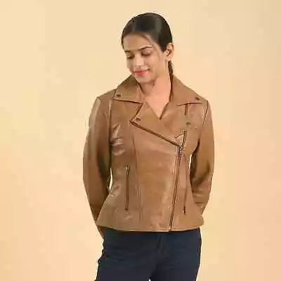 Women MEGA LA MAREY Tan Lambskin Leather Lapel Collar Moto Jacket -L • $289.99