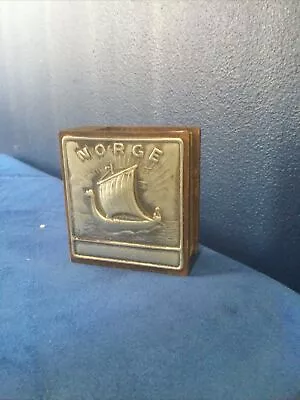 £12.99 • Buy Vintage Wooden Matchbox Holder Norge Viking Ship White Metal Front Rjukan