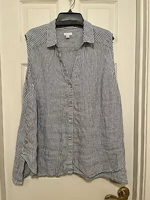 J Jill Love Linen Top Women’s 2X Blue White Stripe Linen V Neck Button Blouse • $29