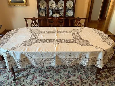 Belgium Zele Needle Lace Linen Table Cloth 82x64 W/ 8 Napkins • $95