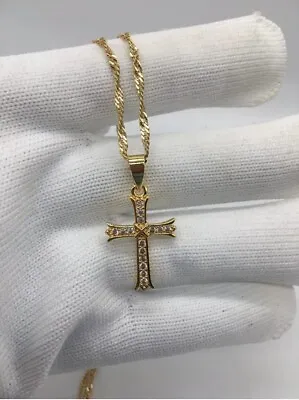 18Ct Gold Filled Chain Necklace & Cubic Zirconia Crucifix Cross Pendant Ref:-13 • £13.99