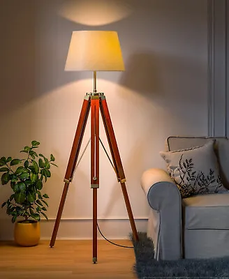 Vintage Wooden Tripod Floor Lamp Brown Polish Antique Finish Decoration Lamp • $100.03