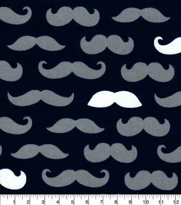 1/4 Yard 9”x42” Navy Blue Gray White Mustache Print Cotton Quilt Fabric • $3.25