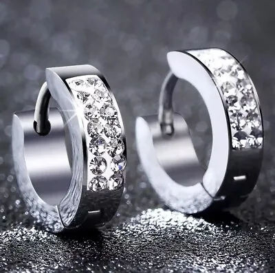 Stainless Steel Men's Women's Silver Huggie Hoop Diamond Earrings • £3.99