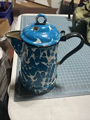 Vintage Graniteware Enamel Blue & White Swirl Coffee Pot Kettle 8.5 • $29