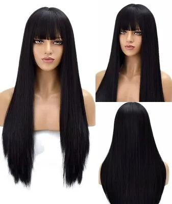 US 24inch Cosplay Wig With Bangs Daily Use Women Synthetic Hair Full Head Black • $15.99